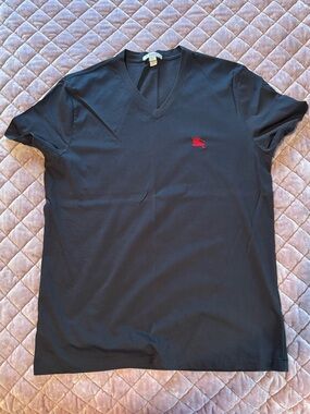 Burberry Black V-Neck Short Sleeve T-Shirt with Red Logo